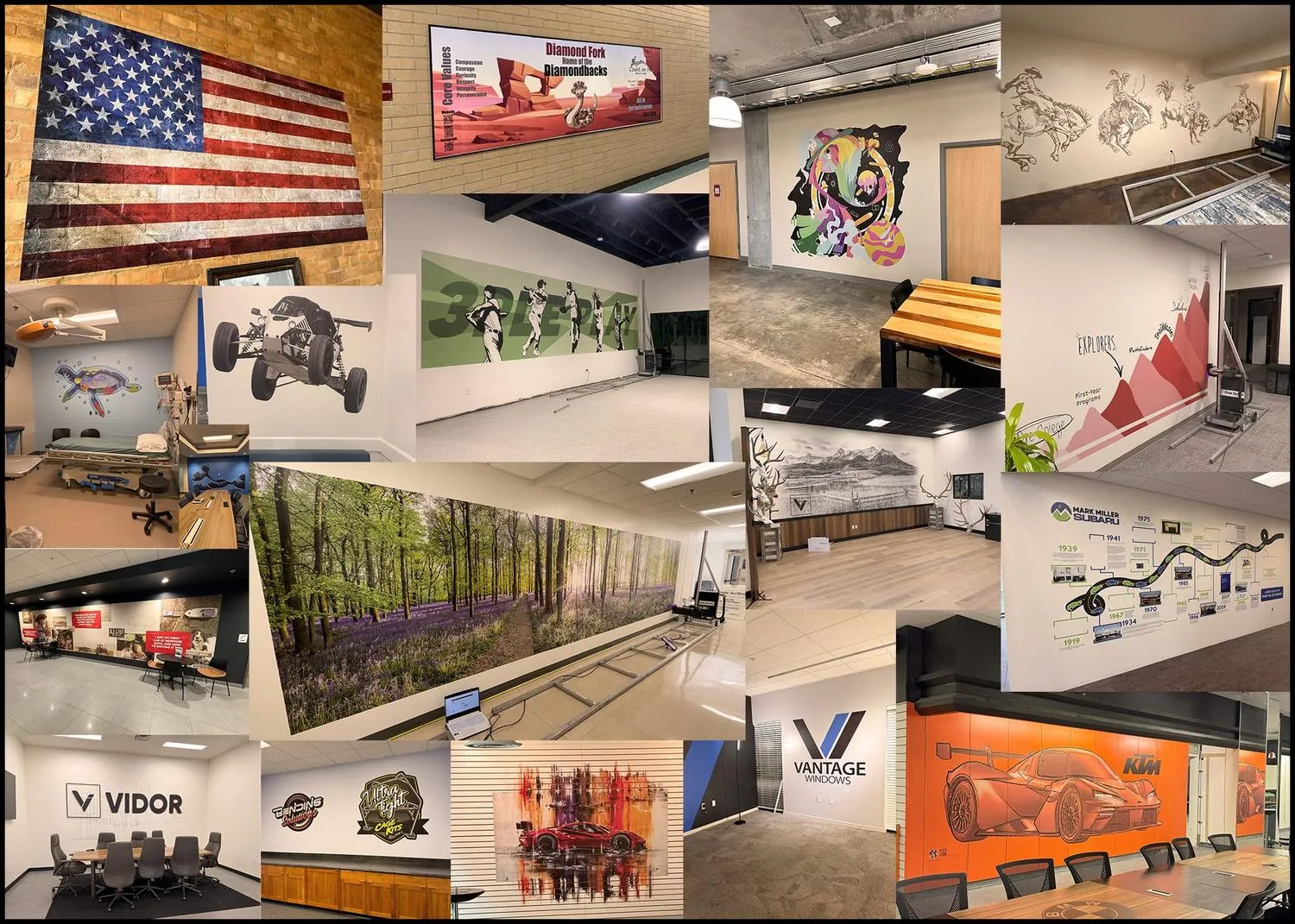 Collage of custom wall printed murals in offices, schools, restaurants and hospitals